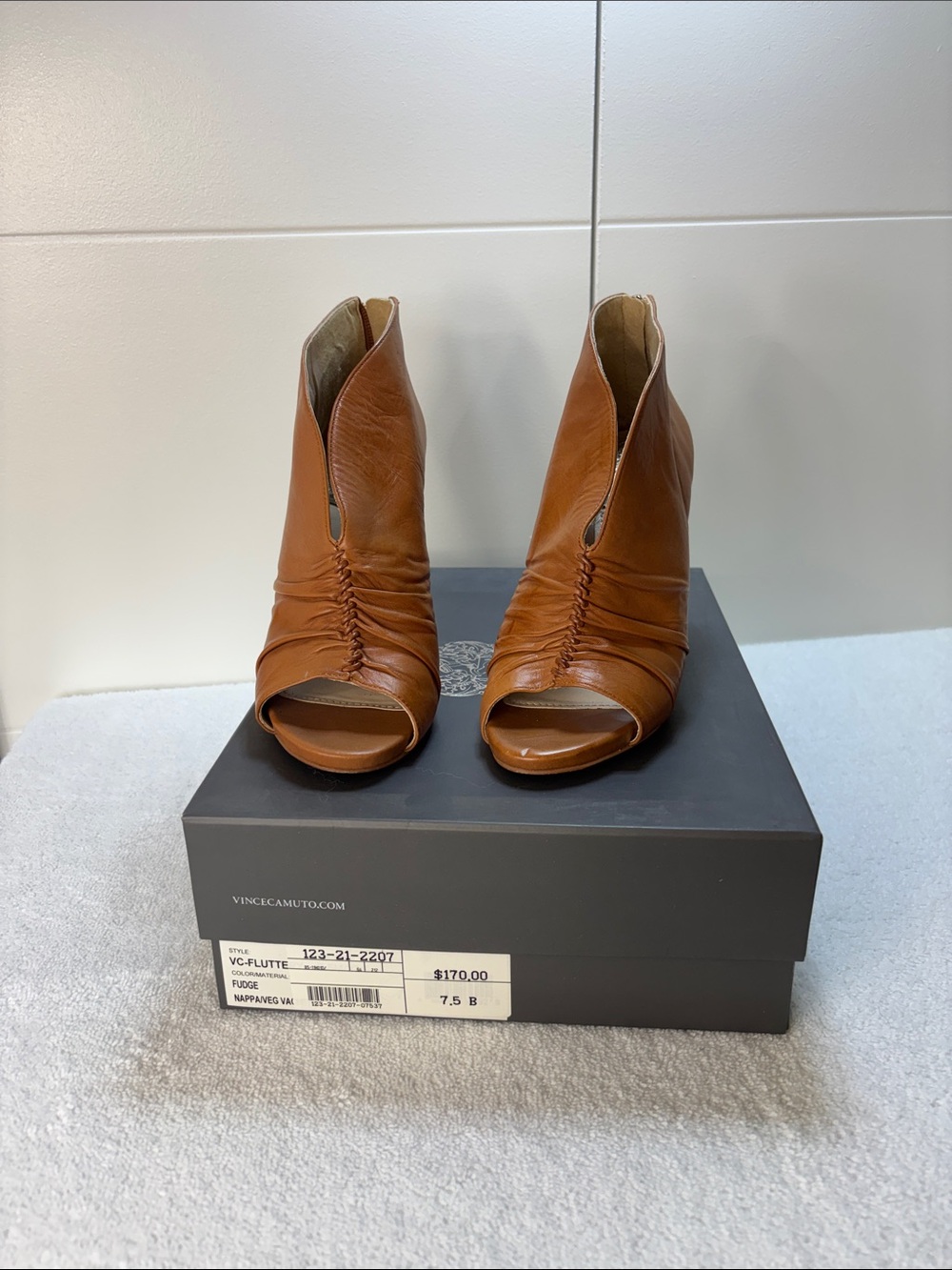 Vince Camuto Cognac Leather Peep-Toe Ankle Booties